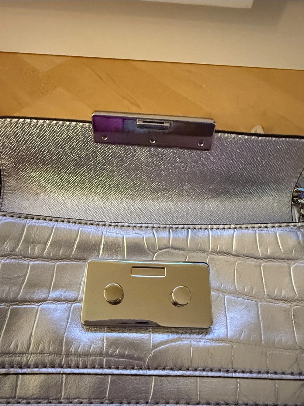 Michael Kors Sloan Editor Metallic Silver Croc-Embossed Chain Shoulder/Crossbody